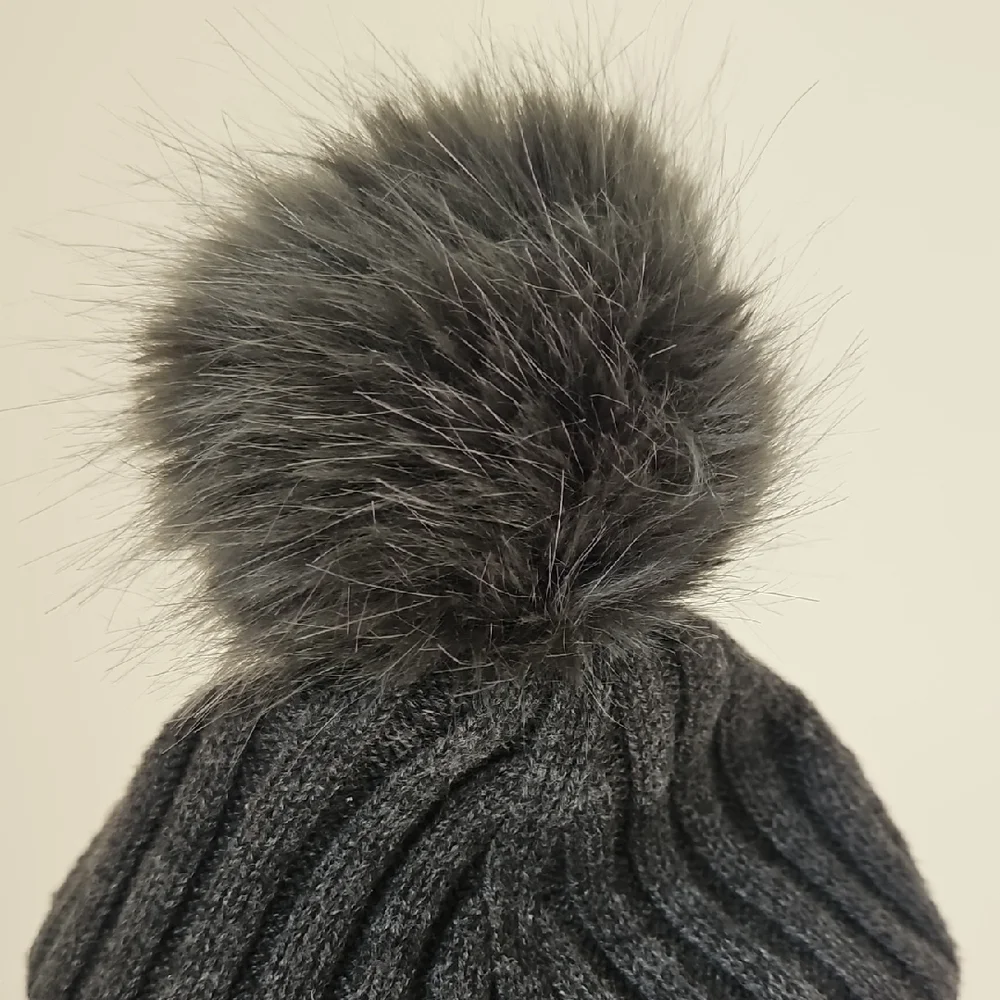 Charcoal Grey Knit toque with Faux Fur Pom Pom - Picture 2 of 3